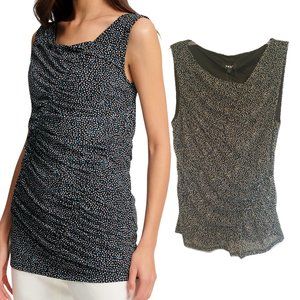 DKNY Sleeveless Top Ruched Blouse Black Yellow Blue Stretch Large NEW